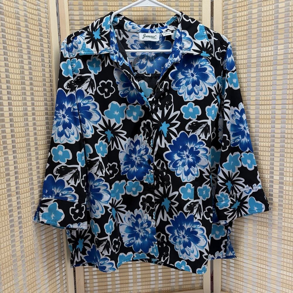 Joanna Top Women's XL Blue Floral Collared Button Up 3/4 Sleeves